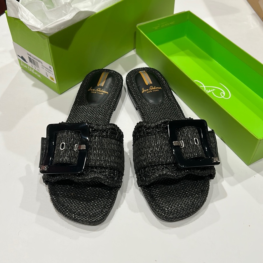 Sam Edelman Bambi Black Raffia Slide Sandals size 9 New in Box